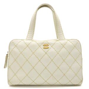Authentic CHANEL CC Wild Stitch Vintage Quilted Bowler Hand Bag Tote Lambskin